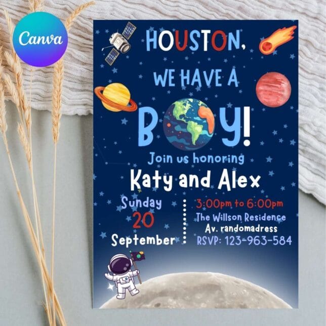 Invitación de Baby Shower Un Pequeño Astronauta en Camino – Plantilla editable en Canva | Tarjeta digital e imprimible para una fiesta especial