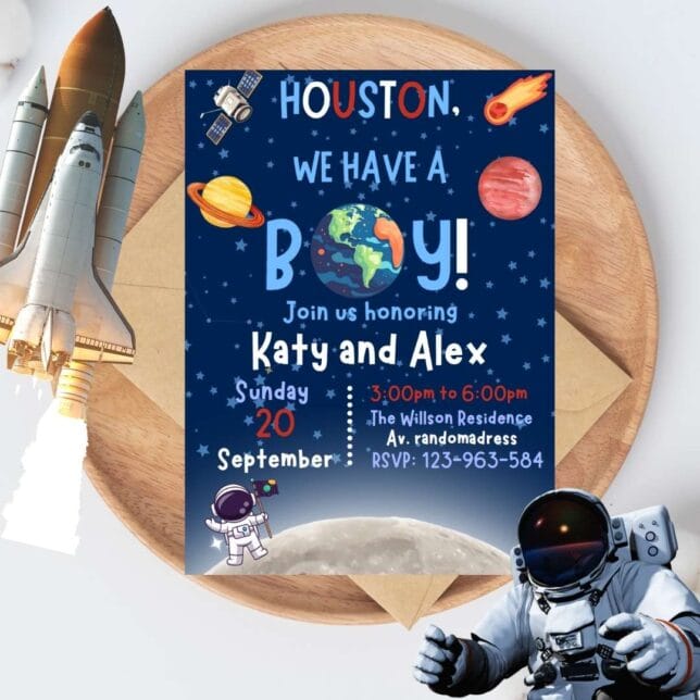 Invitación de Baby Shower Un Pequeño Astronauta en Camino – Plantilla editable en Canva | Tarjeta digital e imprimible para una fiesta especial - Imagen 2