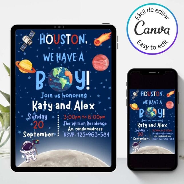 Invitación de Baby Shower Un Pequeño Astronauta en Camino – Plantilla editable en Canva | Tarjeta digital e imprimible para una fiesta especial - Imagen 3