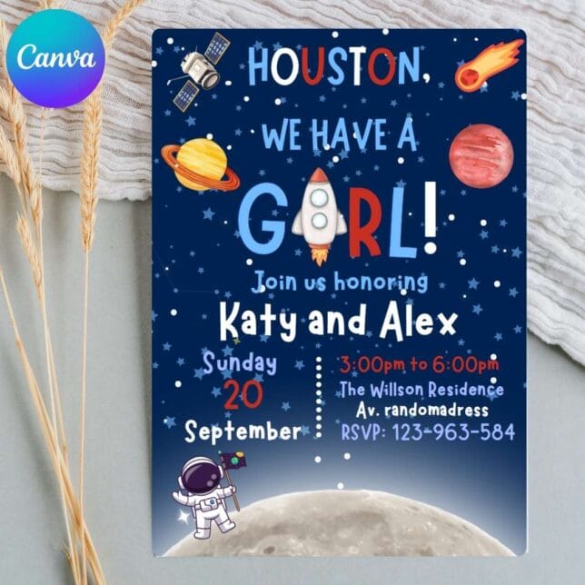 Invitación de Baby Shower Una Pequeña Astronauta en Camino – Plantilla editable en Canva | Tarjeta digital e imprimible para una fiesta especial