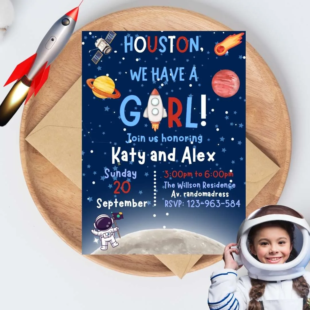 Invitación de Baby Shower Una Pequeña Astronauta en Camino – Plantilla editable en Canva | Tarjeta digital e imprimible para una fiesta especial - Imagen 2