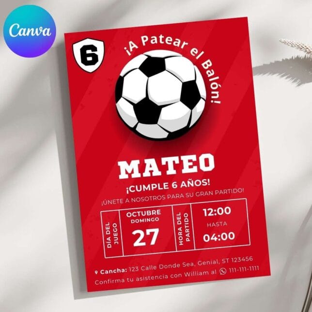 Invitación de cumpleaños de Fiesta de Fútbol Ven a Jugar – Plantilla editable en Canva | Tarjeta digital e imprimible para una fiesta especial