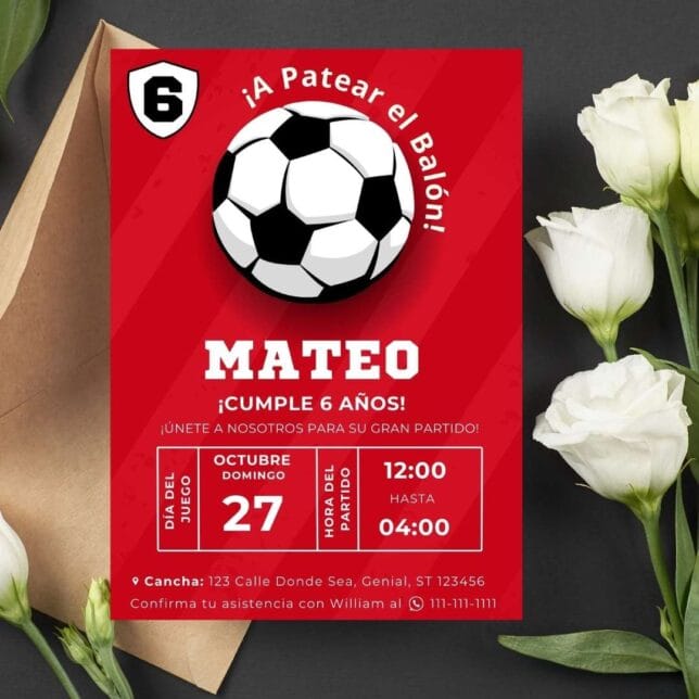 Invitación de cumpleaños de Fiesta de Fútbol Ven a Jugar – Plantilla editable en Canva | Tarjeta digital e imprimible para una fiesta especial - Imagen 2