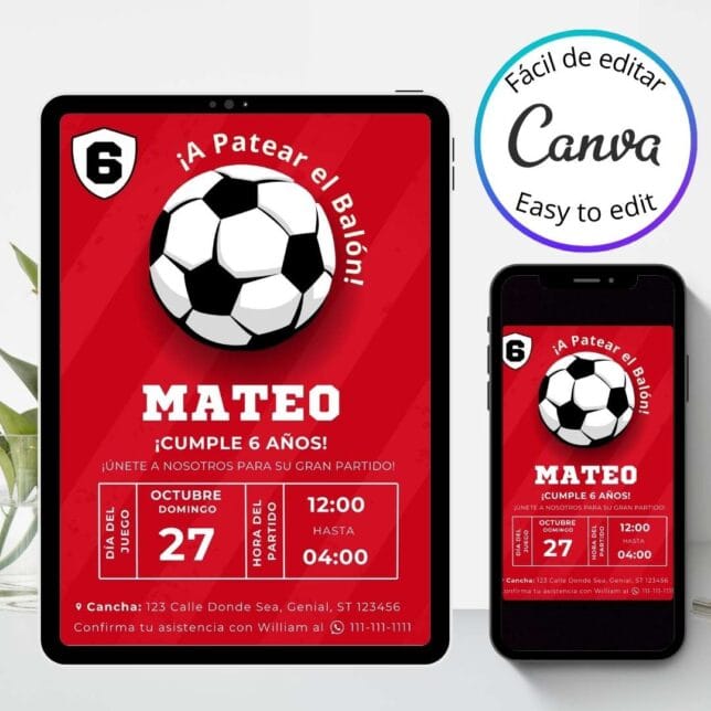 Invitación de cumpleaños de Fiesta de Fútbol Ven a Jugar – Plantilla editable en Canva | Tarjeta digital e imprimible para una fiesta especial - Imagen 3