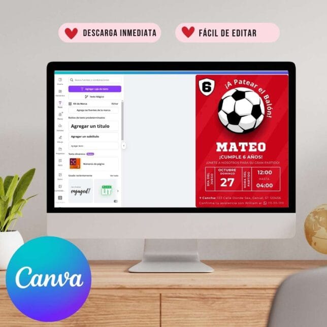 Invitación de cumpleaños de Fiesta de Fútbol Ven a Jugar – Plantilla editable en Canva | Tarjeta digital e imprimible para una fiesta especial - Imagen 4