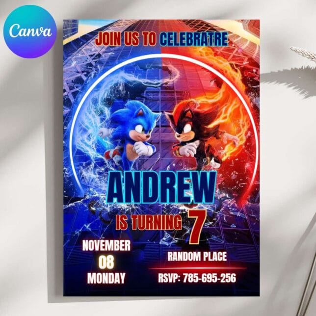 Invitación de cumpleaños de Sonic 3, corre a la fiesta  – Plantilla editable en Canva | Tarjeta digital e imprimible para una fiesta especial