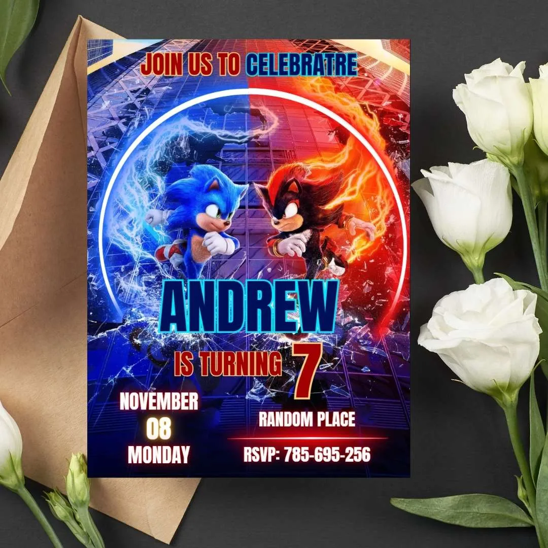 Invitación de cumpleaños de Sonic 3, corre a la fiesta – Plantilla editable en Canva | Tarjeta digital e imprimible para una fiesta especial - Imagen 2