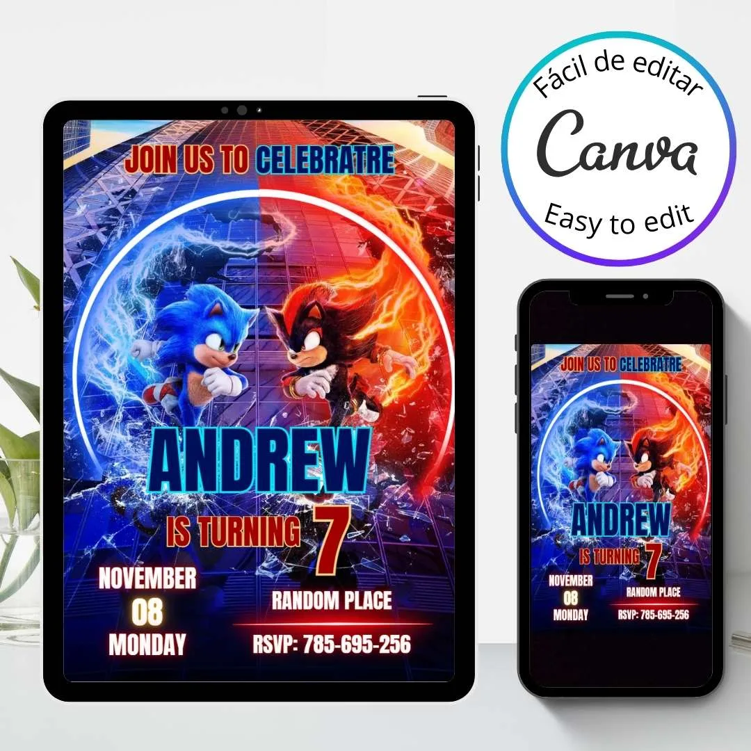 Invitación de cumpleaños de Sonic 3, corre a la fiesta – Plantilla editable en Canva | Tarjeta digital e imprimible para una fiesta especial - Imagen 3