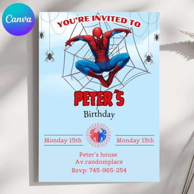 Invitación de cumpleaños de Spiderman de Fiesta – Plantilla editable en Canva | Tarjeta digital e imprimible para una fiesta especial