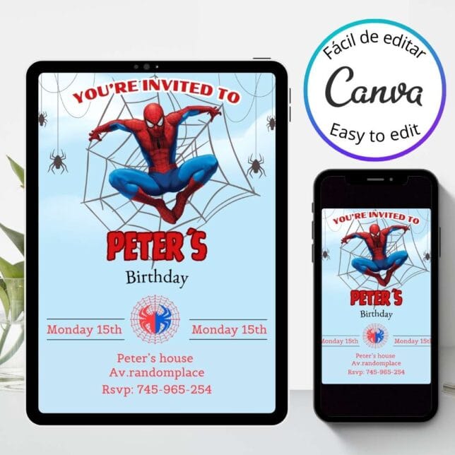 Invitación de cumpleaños de Spiderman de Fiesta – Plantilla editable en Canva | Tarjeta digital e imprimible para una fiesta especial - Imagen 3