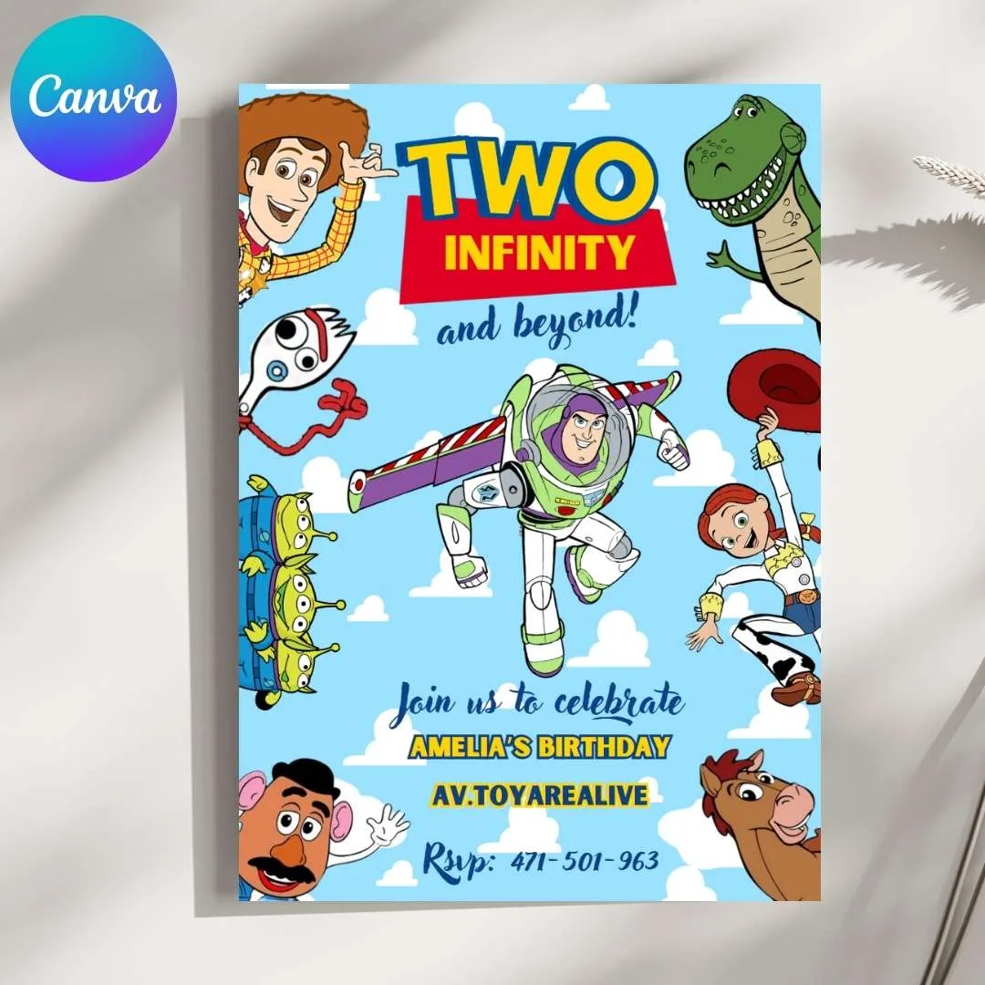 Invitación de cumpleaños de Toy Story, Buzz Lightyear, Woody – Plantilla editable en Canva | Tarjeta digital e imprimible para una fiesta especial