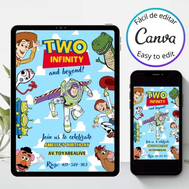 Invitación de cumpleaños de Toy Story, Buzz Lightyear, Woody – Plantilla editable en Canva | Tarjeta digital e imprimible para una fiesta especial - Imagen 3