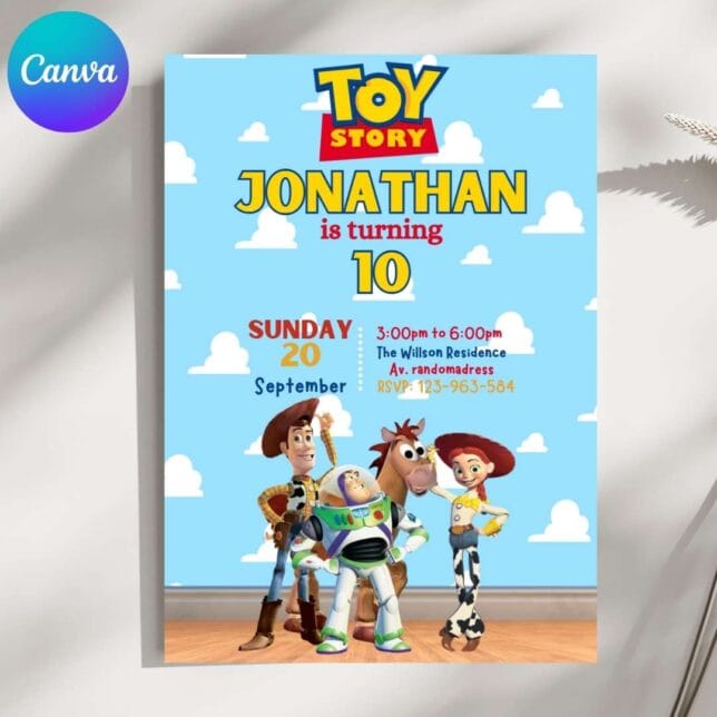 Invitación de cumpleaños de Toy Story, Woody con Buzz – Plantilla editable en Canva | Tarjeta digital e imprimible para una fiesta especial