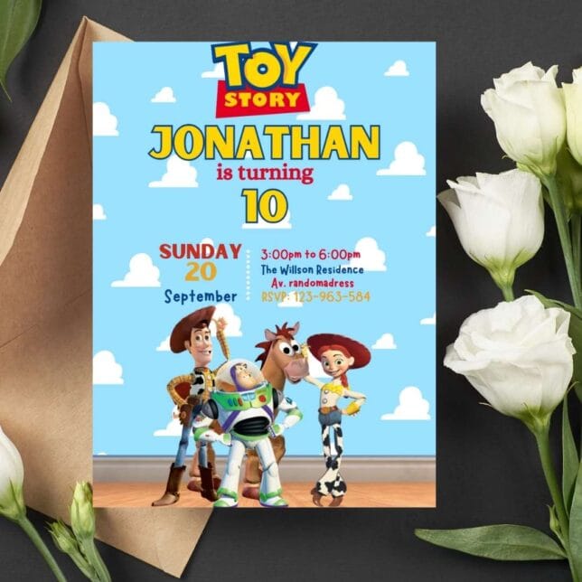 Invitación de cumpleaños de Toy Story, Woody con Buzz – Plantilla editable en Canva | Tarjeta digital e imprimible para una fiesta especial - Imagen 2