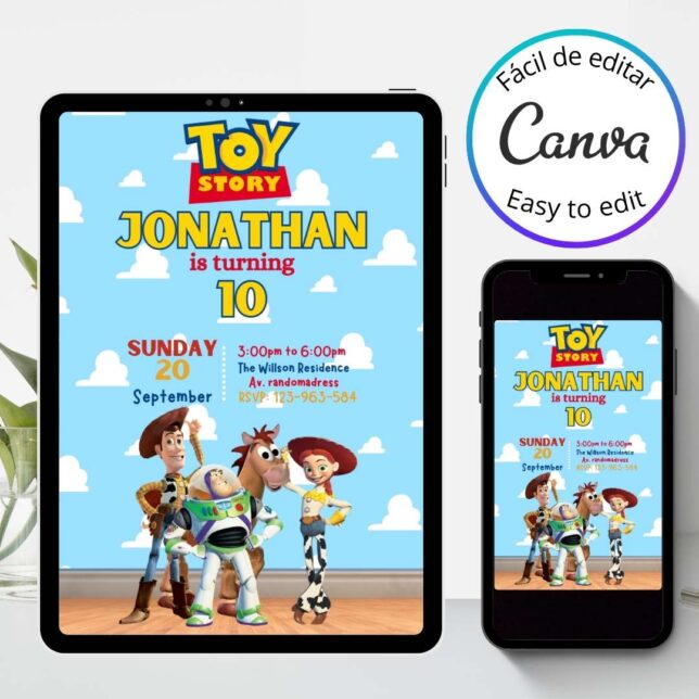 Invitación de cumpleaños de Toy Story, Woody con Buzz – Plantilla editable en Canva | Tarjeta digital e imprimible para una fiesta especial - Imagen 3