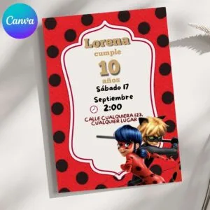 Invitación de cumpleaños de Ladybug Aventuras – Plantilla editable en Canva | Tarjeta digital e imprimible para una fiesta especial