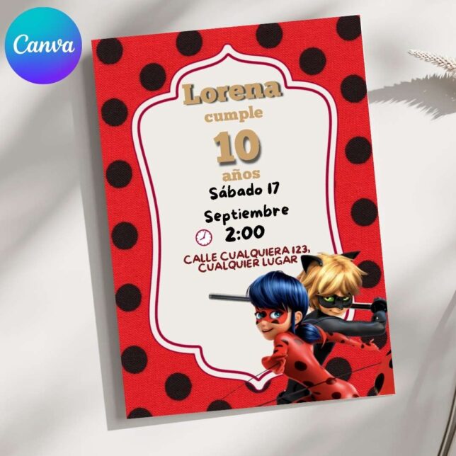 Invitación de cumpleaños de las aventuras de Ladybug – Plantilla editable en Canva | Tarjeta digital e imprimible para una fiesta especial