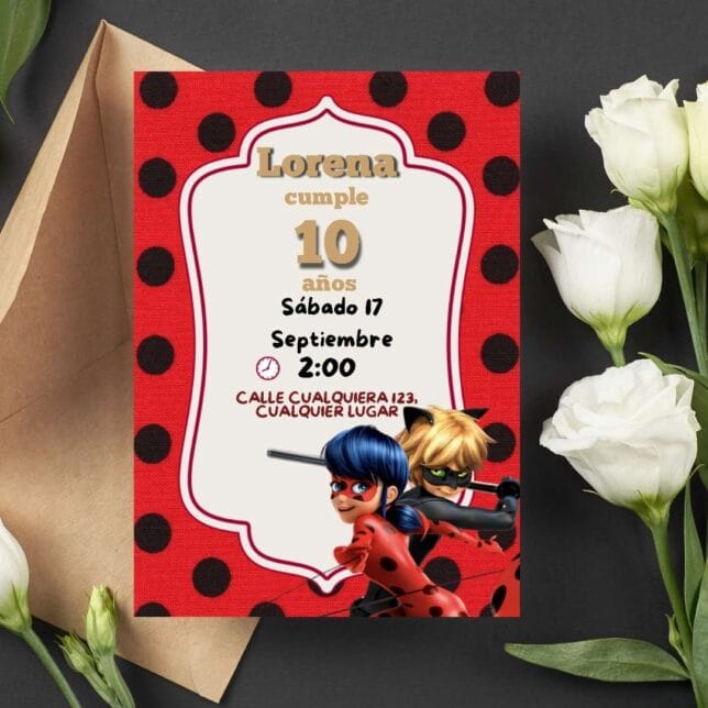 Invitación de cumpleaños de las aventuras de Ladybug – Plantilla editable en Canva | Tarjeta digital e imprimible para una fiesta especial - Imagen 2