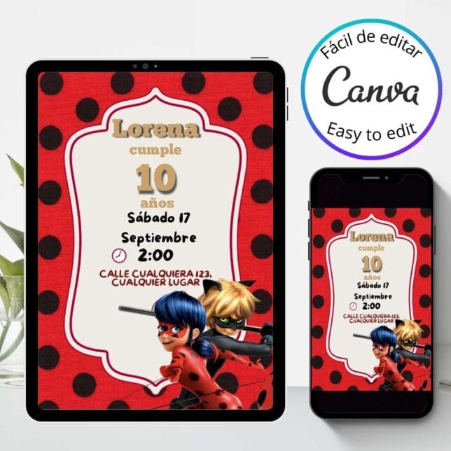 Invitación de cumpleaños de las aventuras de Ladybug – Plantilla editable en Canva | Tarjeta digital e imprimible para una fiesta especial - Imagen 3