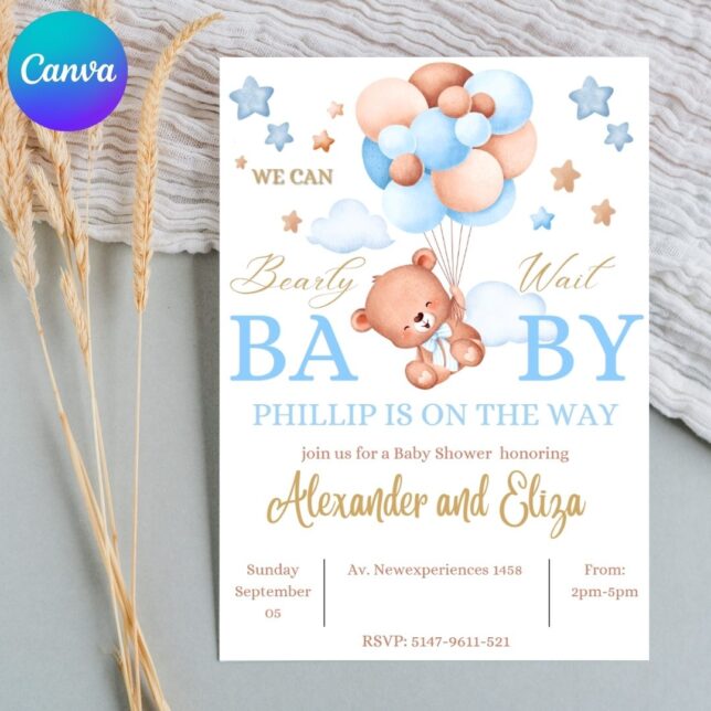 Invitación de Baby Shower Osito con Globos Azules para niño – Plantilla editable en Canva | Tarjeta digital e imprimible para una fiesta especial