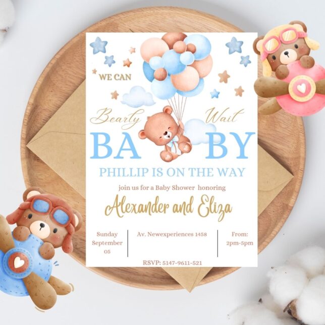 Invitación de Baby Shower Osito con Globos Azules para niño – Plantilla editable en Canva | Tarjeta digital e imprimible para una fiesta especial - Imagen 2