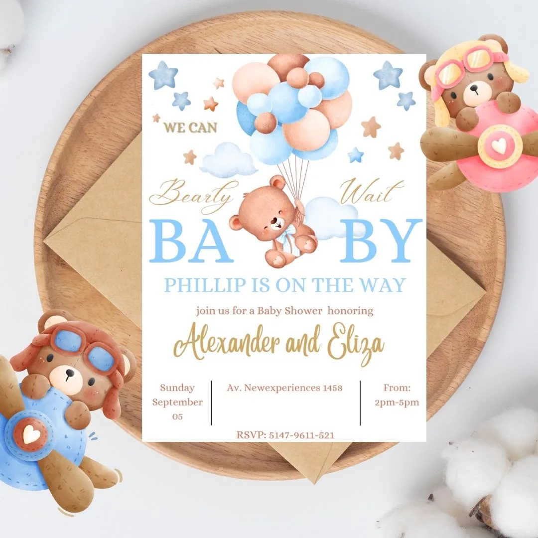 Invitación de Baby Shower Osito con Globos Azules para niño – Plantilla editable en Canva | Tarjeta digital e imprimible para una fiesta especial - Imagen 2