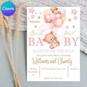 Invitación de Baby Shower de Osito con Globos Rosados para niña – Plantilla editable en Canva | Tarjeta digital e imprimible para una fiesta especial