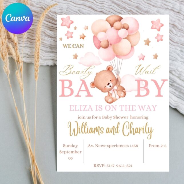 Invitación de Baby Shower de Osito con Globos Rosados para niña – Plantilla editable en Canva | Tarjeta digital e imprimible para una fiesta especial