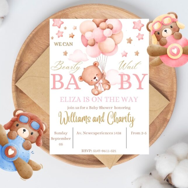 Invitación de Baby Shower de Osito con Globos Rosados para niña – Plantilla editable en Canva | Tarjeta digital e imprimible para una fiesta especial - Imagen 2