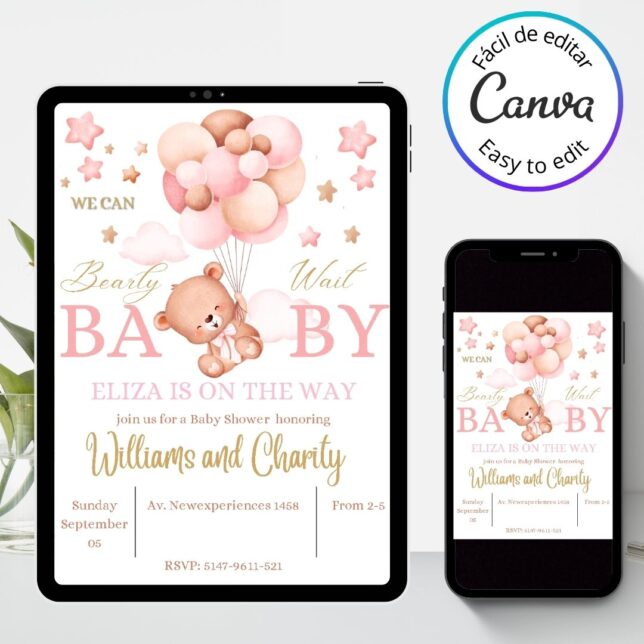 Invitación de Baby Shower de Osito con Globos Rosados para niña – Plantilla editable en Canva | Tarjeta digital e imprimible para una fiesta especial - Imagen 3