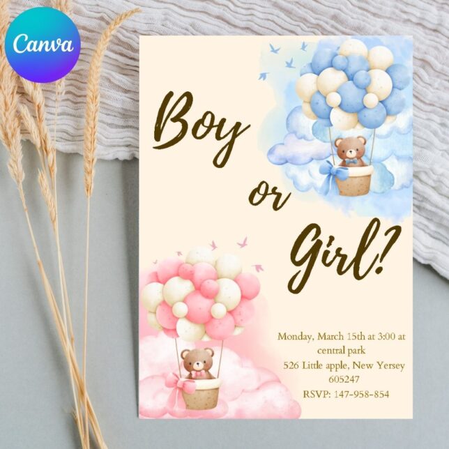 Invitación de Baby Shower Revelación de Genero – Plantilla editable en Canva | Tarjeta digital e imprimible para una fiesta especial