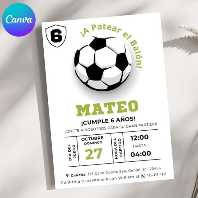 Invitación de cumpleaños de Fútbol Golazo y Pelota – Plantilla editable en Canva | Tarjeta digital e imprimible para una fiesta especial