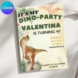 Invitación de cumpleaños Dinosaurio party – Plantilla editable en Canva | Tarjeta digital e imprimible para una fiesta especial