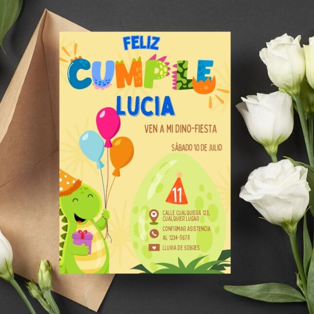 Invitación de cumpleaños Dinosaurio con Globos – Plantilla editable en Canva | Tarjeta digital e imprimible para una fiesta especial - Imagen 2