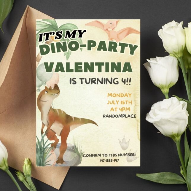 Invitación de cumpleaños Dinosaurio party – Plantilla editable en Canva | Tarjeta digital e imprimible para una fiesta especial - Imagen 2