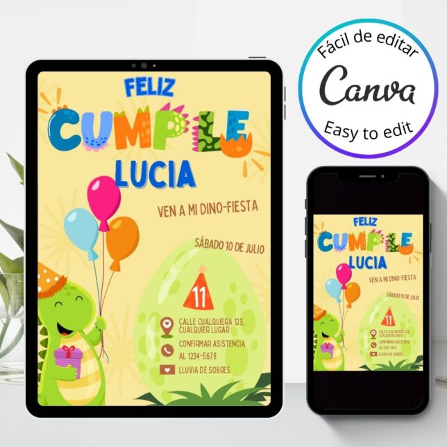 Invitación de cumpleaños Dinosaurio con Globos – Plantilla editable en Canva | Tarjeta digital e imprimible para una fiesta especial - Imagen 3