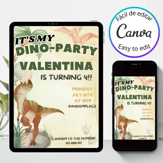 Invitación de cumpleaños Dinosaurio party – Plantilla editable en Canva | Tarjeta digital e imprimible para una fiesta especial - Imagen 3