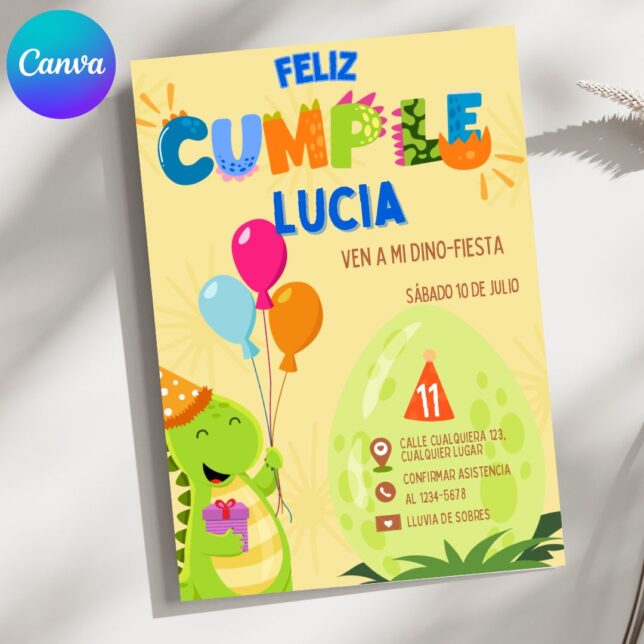 Invitación de cumpleaños Dinosaurio con Globos – Plantilla editable en Canva | Tarjeta digital e imprimible para una fiesta especial