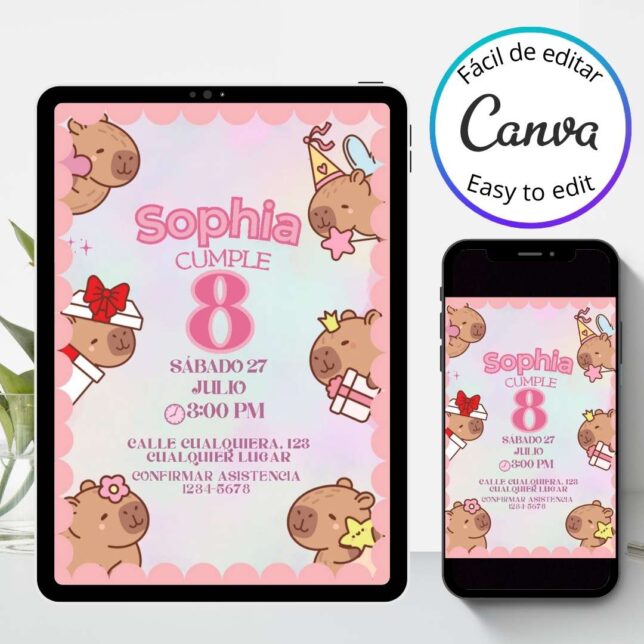 Invitación de cumpleaños 6 Capibaras de fiesta – Plantilla editable en Canva | Tarjeta digital e imprimible para una fiesta especial - Imagen 3