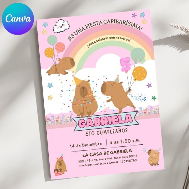 Invitación de cumpleaños Capibara – Plantilla editable en Canva | Tarjeta digital e imprimible para una fiesta especial