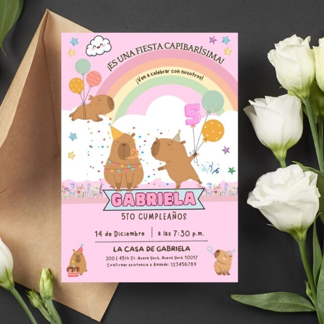 Invitación de cumpleaños Capibara – Plantilla editable en Canva | Tarjeta digital e imprimible para una fiesta especial - Imagen 2