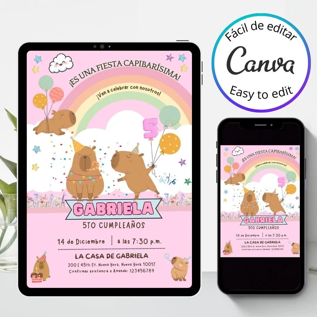 Invitación de cumpleaños Capibara – Plantilla editable en Canva | Tarjeta digital e imprimible para una fiesta especial - Imagen 3