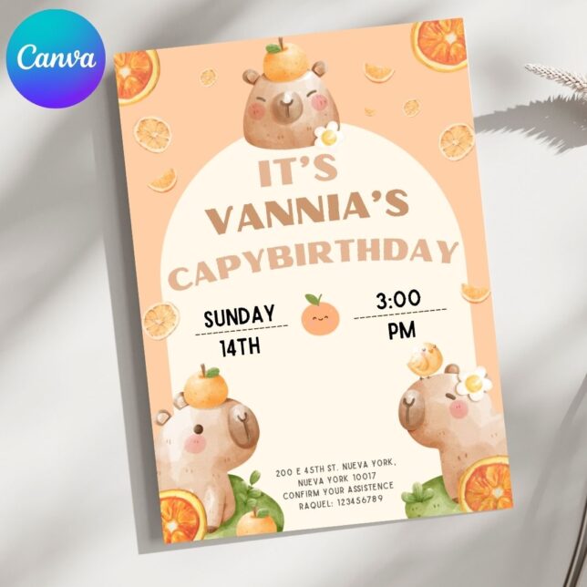 Invitación de cumpleaños Capibara mundo de naranja – Plantilla editable en Canva | Tarjeta digital e imprimible para una fiesta especial