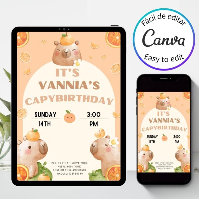 Invitación de cumpleaños Capibara mundo de naranja – Plantilla editable en Canva | Tarjeta digital e imprimible para una fiesta especial - Imagen 3