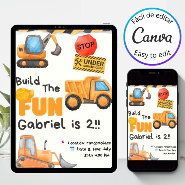 Invitación de cumpleaños Camión volquete niños – Plantilla editable en Canva | Tarjeta digital e imprimible para una fiesta especial - Imagen 3