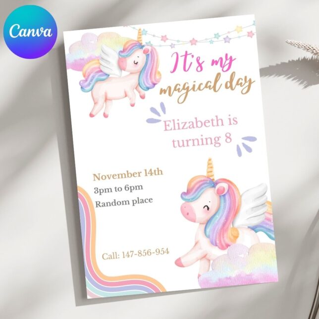 Invitación de cumpleaños Unicornios de colores – Plantilla editable en Canva | Tarjeta digital e imprimible para una fiesta especial