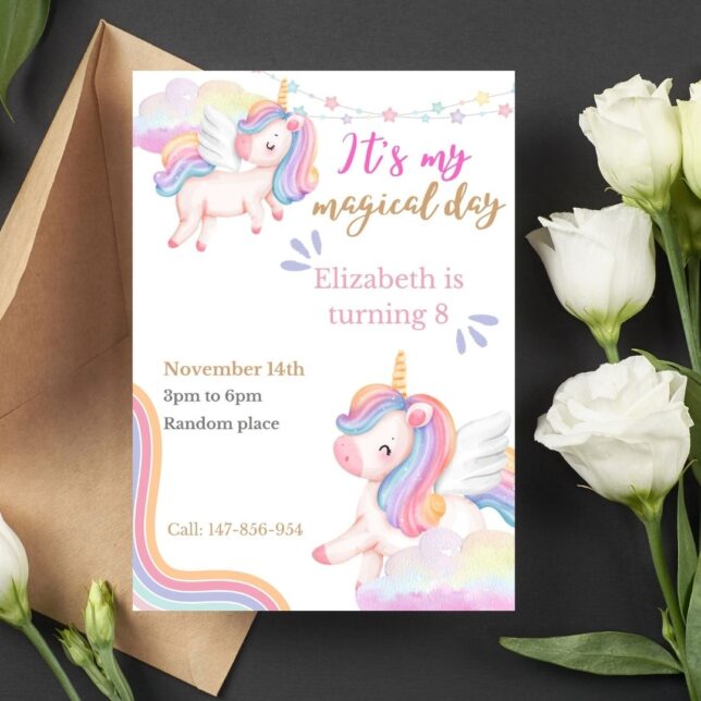 Invitación de cumpleaños Unicornios de colores – Plantilla editable en Canva | Tarjeta digital e imprimible para una fiesta especial - Imagen 2