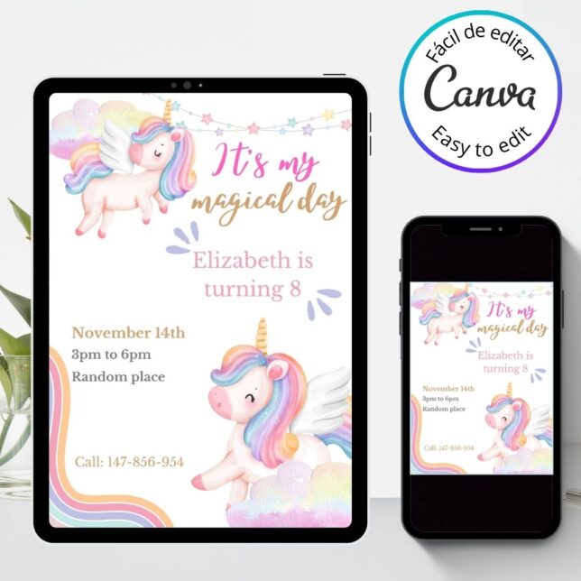 Invitación de cumpleaños Unicornios de colores – Plantilla editable en Canva | Tarjeta digital e imprimible para una fiesta especial - Imagen 3