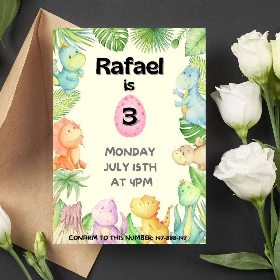 Invitación de cumpleaños Dinosaurios bebes – Plantilla editable en Canva | Tarjeta digital e imprimible para una fiesta especial - Imagen 2