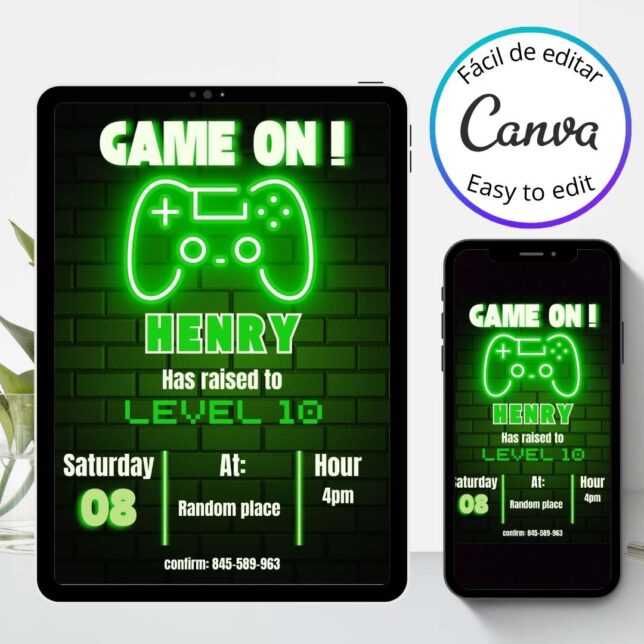 Invitación de cumpleaños de Video juegos fiesta gamer – Plantilla editable en Canva | Tarjeta digital e imprimible para una fiesta especial - Imagen 3